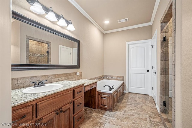 937 Forrest Park Way, Greenwood, AR 72936 - bathroom with crown molding, a shower stall, vanity, and a bath