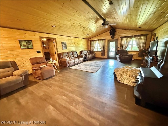 12878 128th St, Gore, OK 74435 - living room featuring wooden ceiling, wood walls, a ceiling fan, and wood finished floors
