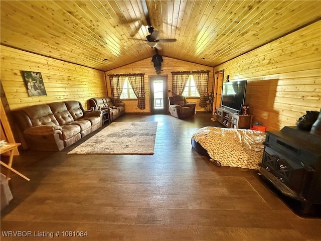 12878 128th St, Gore, OK 74435 - living area featuring wood walls, lofted ceiling, hardwood / wood-style flooring, and wooden ceiling