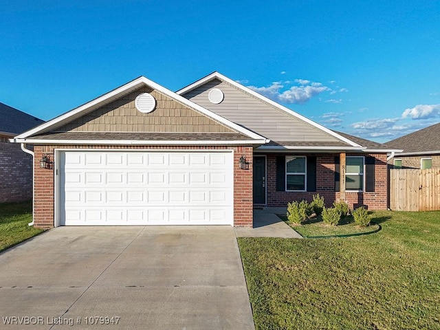 ranch-style home with concrete driveway, fence, a front lawn, brick siding, and a garage