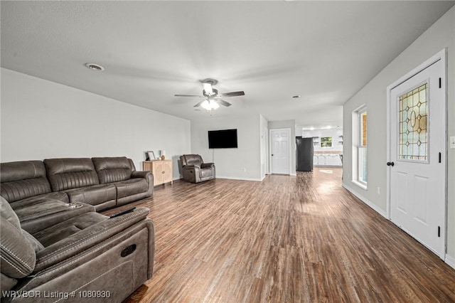 1003 Blair St, Pocola, OK 74902 - living room featuring wood finished floors, a ceiling fan, and baseboards