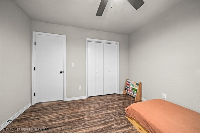 1003 Blair St, Pocola, OK 74902 - bedroom featuring wood finished floors, baseboards, ceiling fan, and a closet
