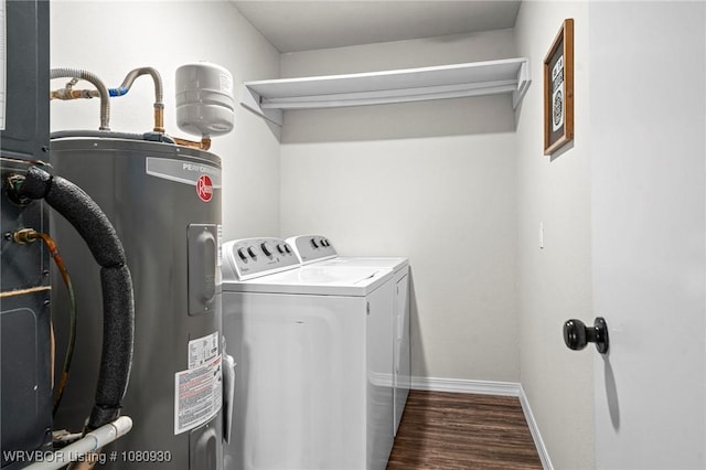 1003 Blair St, Pocola, OK 74902 - laundry area featuring washing machine and dryer, water heater, baseboards, and dark wood-style floors