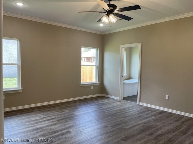 unfurnished bedroom with ensuite bathroom, ceiling fan, ornamental molding, and dark hardwood / wood-style floors