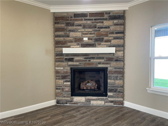 interior details with a stone fireplace, hardwood / wood-style floors, and ornamental molding