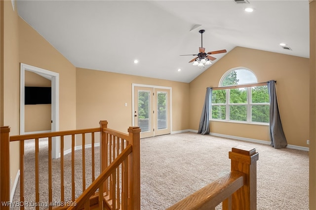 1760 N Ulmer St, Greenwood, AR 72936 - empty room with light colored carpet, ceiling fan, vaulted ceiling, baseboards, and recessed lighting