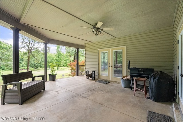 1760 N Ulmer St, Greenwood, AR 72936 - view of patio / terrace featuring french doors, a ceiling fan, and area for grilling