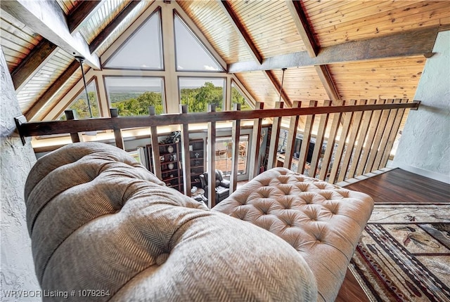 living area featuring high vaulted ceiling, wooden ceiling, wood finished floors, and beam ceiling