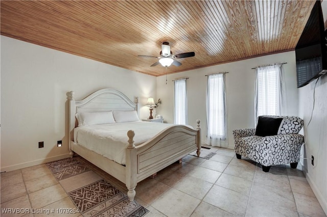 bedroom featuring light tile patterned floors, baseboards, wood ceiling, ceiling fan, and crown molding