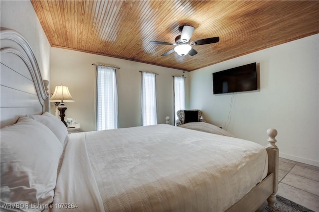 bedroom featuring ornamental molding, wood ceiling, baseboards, and a ceiling fan