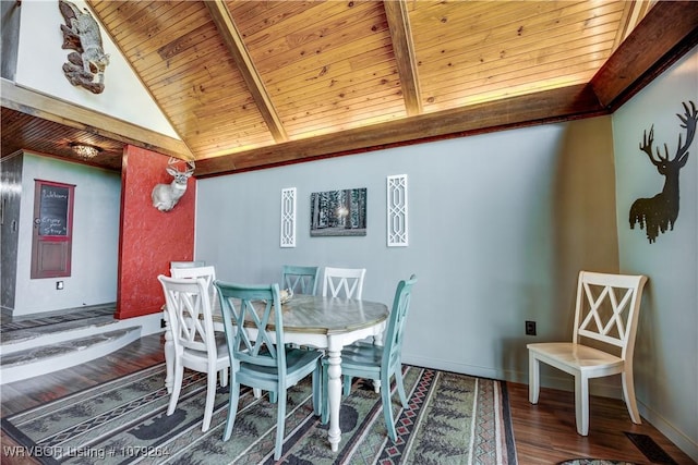 dining area featuring lofted ceiling with beams, wooden ceiling, baseboards, and wood finished floors