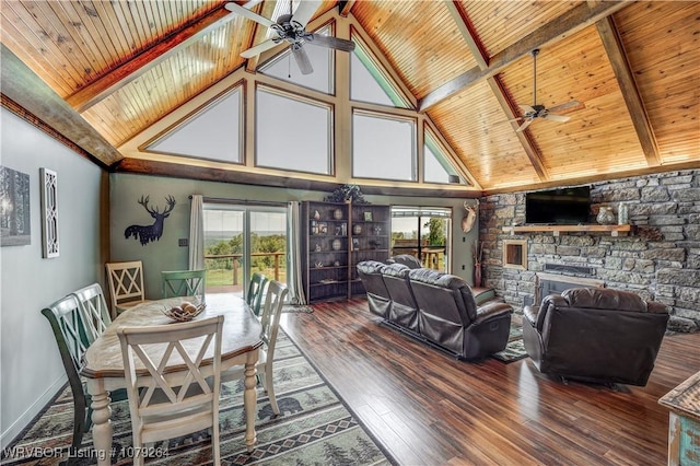 dining room featuring beam ceiling, a fireplace, wood ceiling, ceiling fan, and wood finished floors