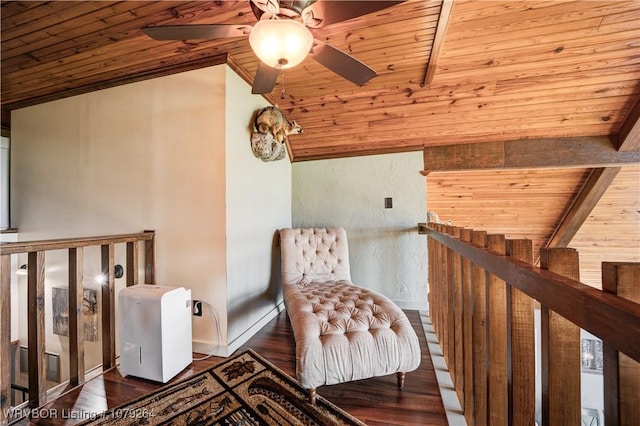 sitting room featuring lofted ceiling with beams, wooden ceiling, wood finished floors, and an upstairs landing