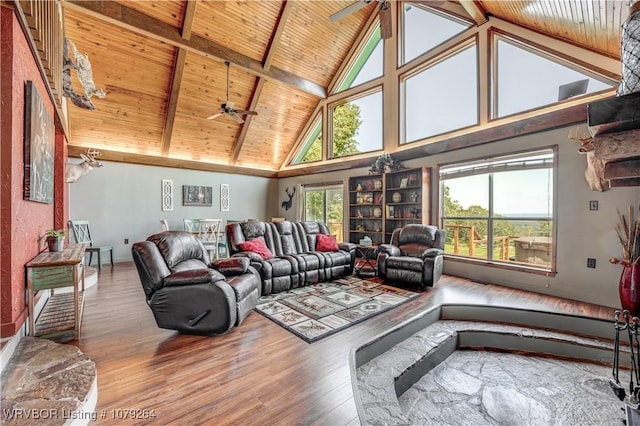 living area featuring beam ceiling, a ceiling fan, wood finished floors, high vaulted ceiling, and wooden ceiling