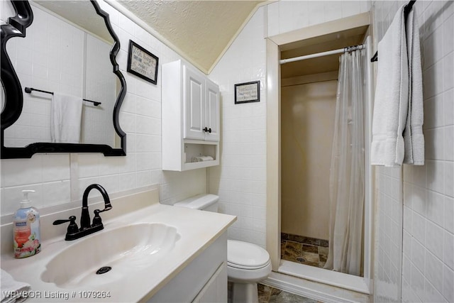 bathroom featuring toilet, a stall shower, vanity, and tile walls