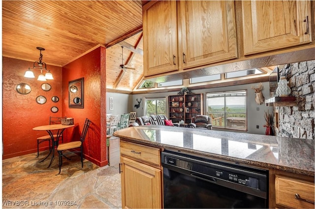 kitchen featuring stone countertops, dishwasher, a textured wall, wooden ceiling, and stone finish flooring