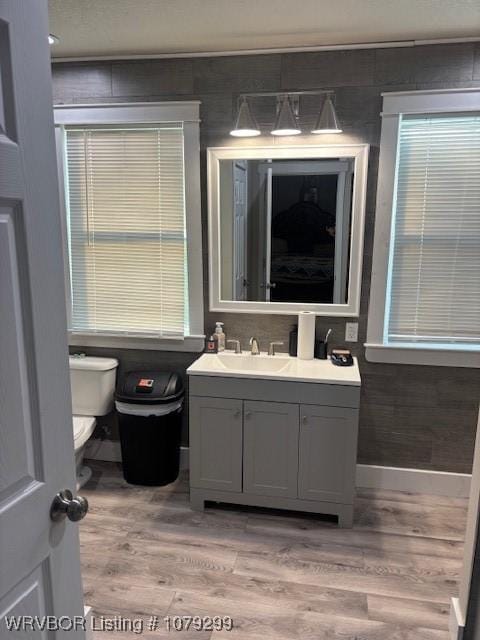 bathroom featuring vanity, toilet, and wood finished floors