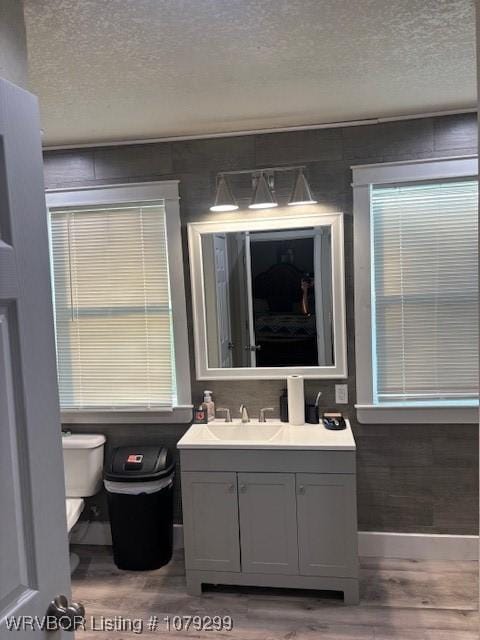 bathroom featuring vanity, a textured ceiling, toilet, and wood finished floors