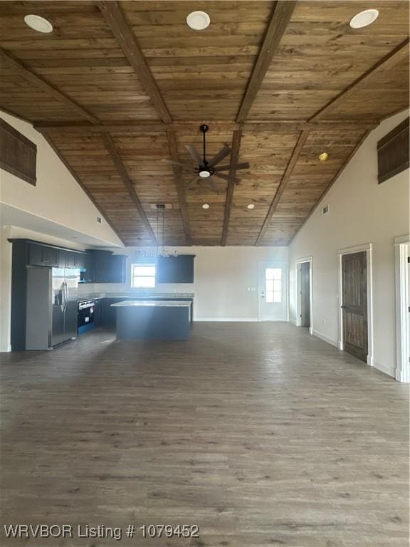 interior space with high vaulted ceiling, wood ceiling, and wood finished floors