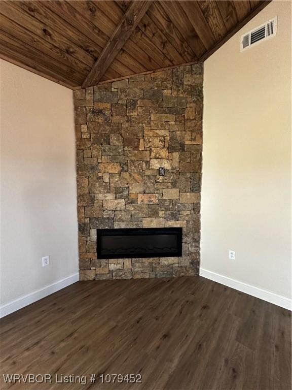 interior details with wooden ceiling, a fireplace, wood finished floors, and visible vents