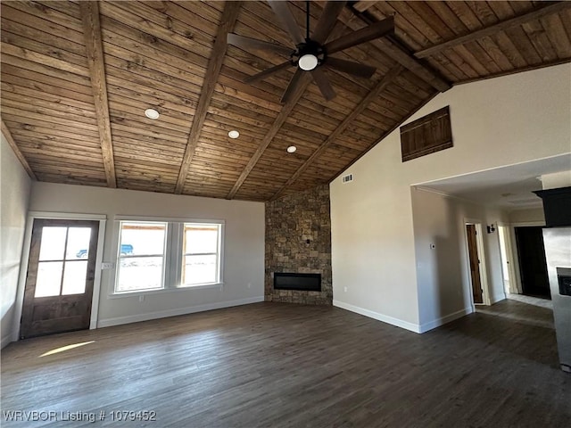 unfurnished living room with dark wood-type flooring, a fireplace, wooden ceiling, and baseboards