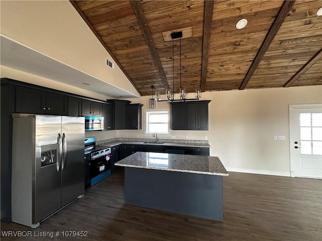 kitchen featuring wood ceiling, a kitchen island, light stone countertops, stainless steel appliances, and a sink