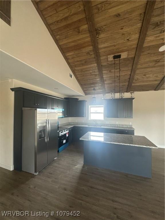 kitchen featuring stone counters, wooden ceiling, dark wood-style flooring, stainless steel fridge with ice dispenser, and beamed ceiling