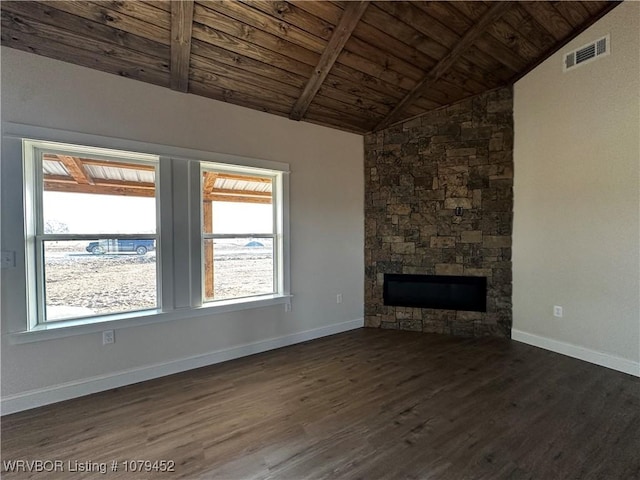 unfurnished living room with baseboards, visible vents, wood finished floors, vaulted ceiling with beams, and a fireplace