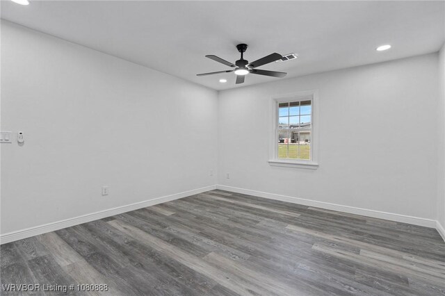 spare room with recessed lighting, baseboards, wood finished floors, and ceiling fan