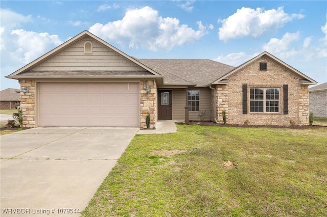 single story home with a front yard, an attached garage, driveway, and roof with shingles