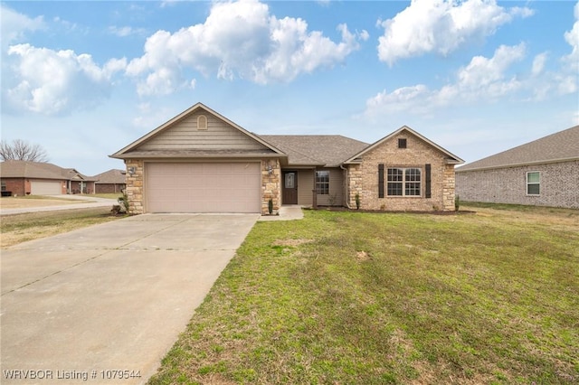 ranch-style home featuring concrete driveway, a garage, stone siding, and a front lawn