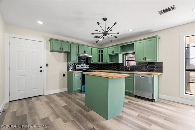 kitchen featuring visible vents, green cabinetry, butcher block countertops, stainless steel appliances, and under cabinet range hood