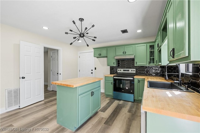 kitchen featuring visible vents, butcher block countertops, under cabinet range hood, green cabinets, and stainless steel electric range oven