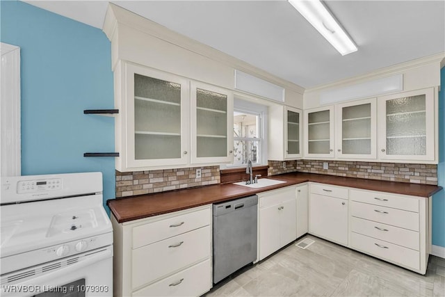 kitchen featuring dark countertops, a sink, white gas stove, and stainless steel dishwasher