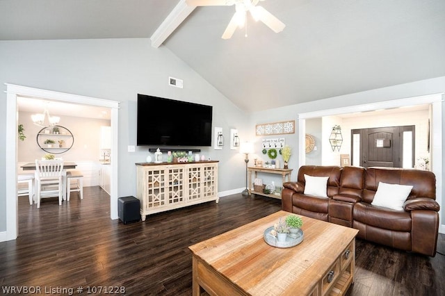 living room with beamed ceiling, dark hardwood / wood-style floors, ceiling fan with notable chandelier, and high vaulted ceiling