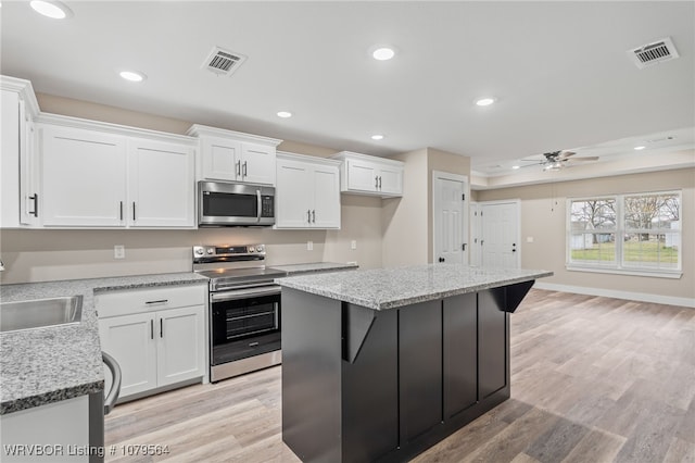 kitchen with white cabinetry, visible vents, ceiling fan, and appliances with stainless steel finishes