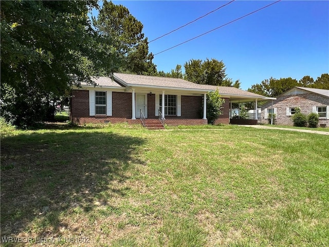 120 W Gary St, Greenwood, AR 72936 - ranch-style house featuring covered porch, a front lawn, an attached carport, and brick siding