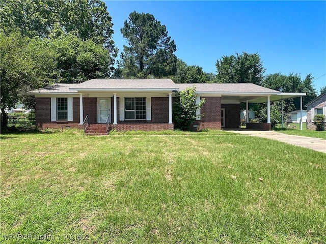 120 W Gary St, Greenwood, AR 72936 - ranch-style house with a front lawn, brick siding, an attached carport, and concrete driveway