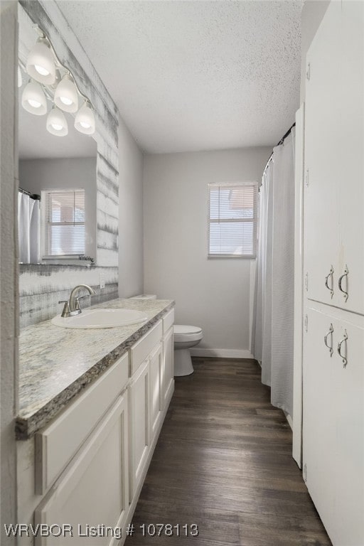 bathroom featuring vanity, a textured ceiling, hardwood / wood-style flooring, and plenty of natural light