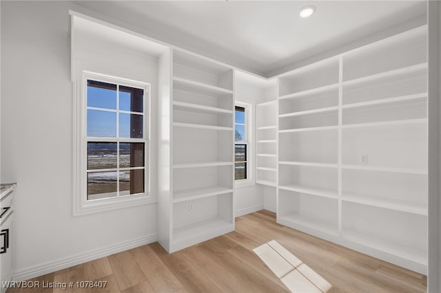 walk in closet with light wood-type flooring