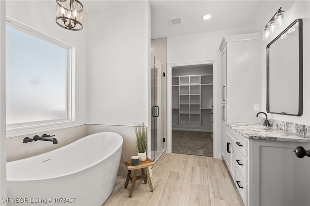 bathroom featuring separate shower and tub, a healthy amount of sunlight, and vanity