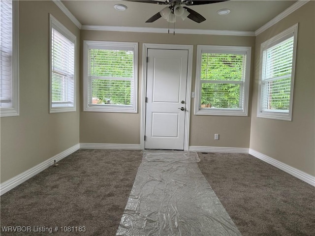 1304 S Elm St, Paris, AR 72855 - entrance foyer with carpet, a ceiling fan, baseboards, and ornamental molding