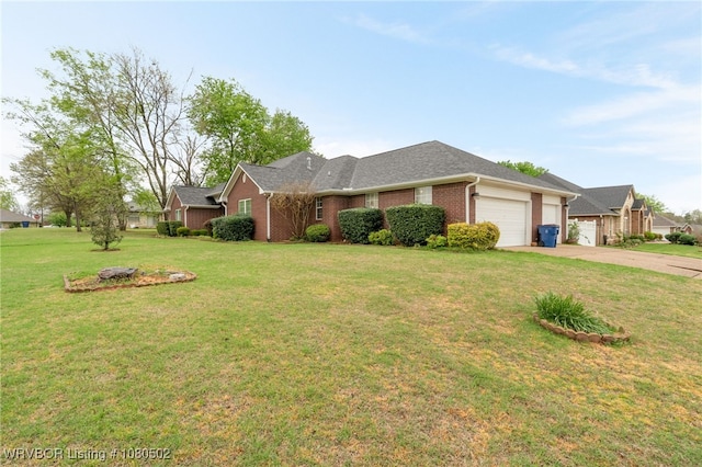 ranch-style house featuring a garage, brick siding, a front yard, and concrete driveway