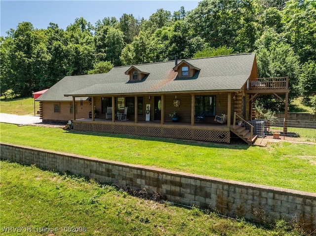 16175 Cove, Prairie Grove, AR 72753 - view of front of home with log siding, a porch, a shingled roof, and stairway