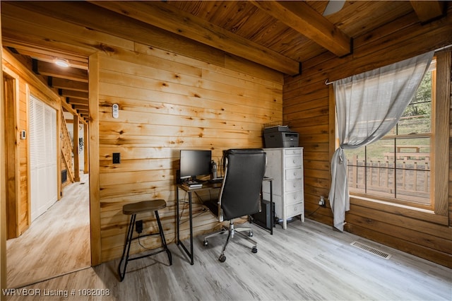 16175 Cove, Prairie Grove, AR 72753 - office with a wooden ceiling with exposed beams, wood finished floors, and wooden walls