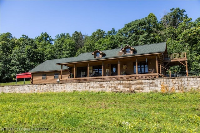 16175 Cove, Prairie Grove, AR 72753 - view of front facade featuring a front yard, log siding, a porch, and a shingled roof