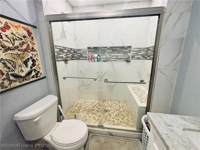 bathroom featuring vanity, toilet, and a shower with door