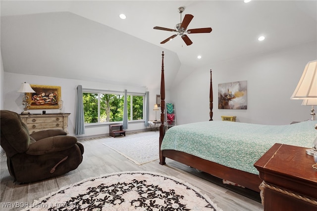 bedroom featuring a ceiling fan, lofted ceiling, recessed lighting, and wood finished floors