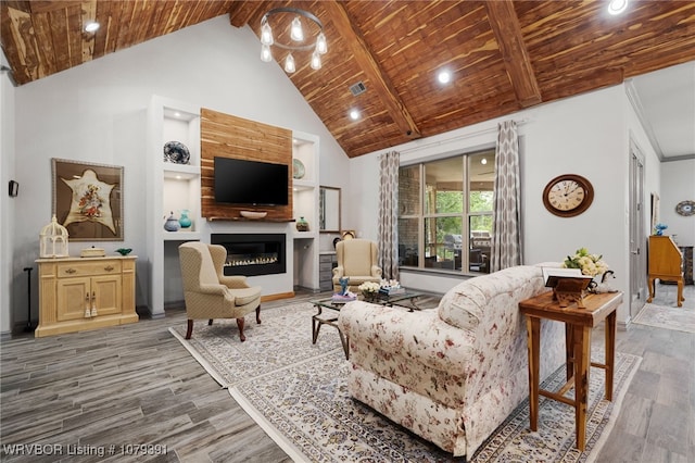 living room featuring high vaulted ceiling, wood ceiling, light wood finished floors, and a large fireplace