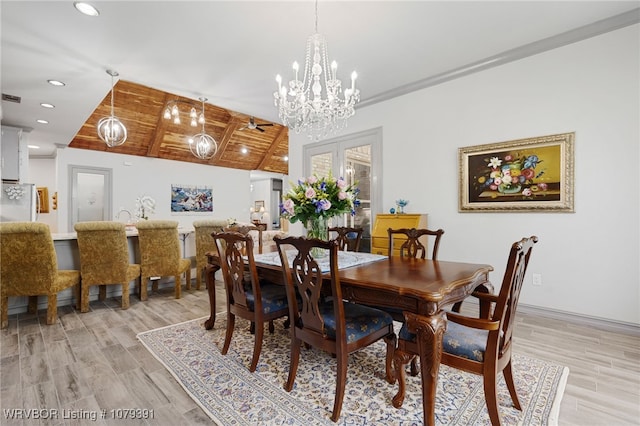 dining area with wood ceiling, light wood-type flooring, vaulted ceiling, recessed lighting, and french doors